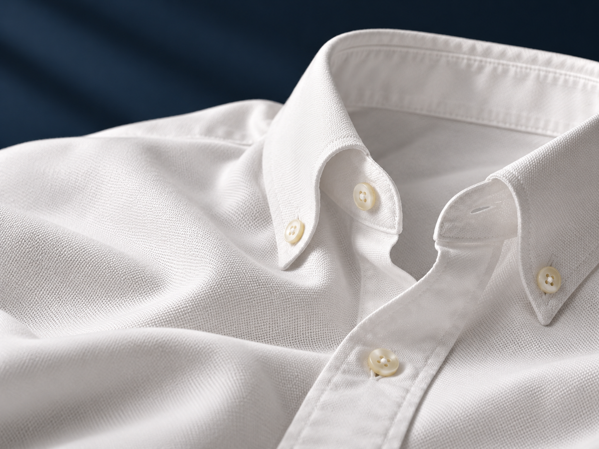 Editorial close-up of white Oxford button-down collar and mother-of-pearl buttons